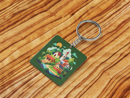 A Cartoon Illustration of a Fantasy Landscape with a Waterfall a Castle and a Mountain Printed Square Shape Wooden Keyring with Chain