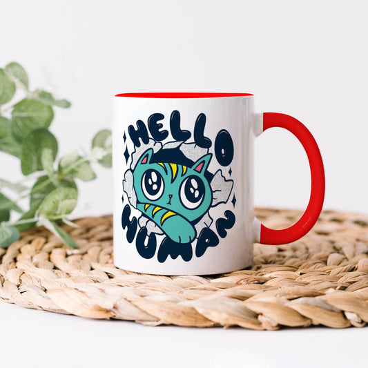 Cute Cat saying hello Human design Red Handle 330 ml Coffee Mug