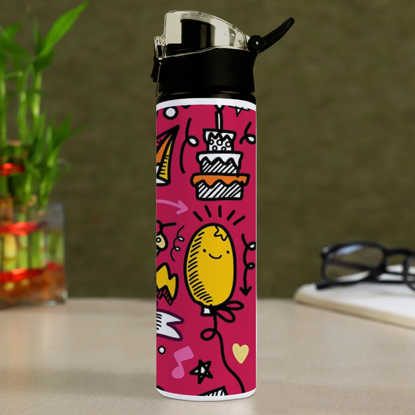 Set of Party illustration Hand drawn doodle Sketch line Printed Flip Flop Water Bottle 750 ml For Gym, Yoga, Kids, Boys, Girls, Brother, Sister, Babies, Baby, Workout, Adults