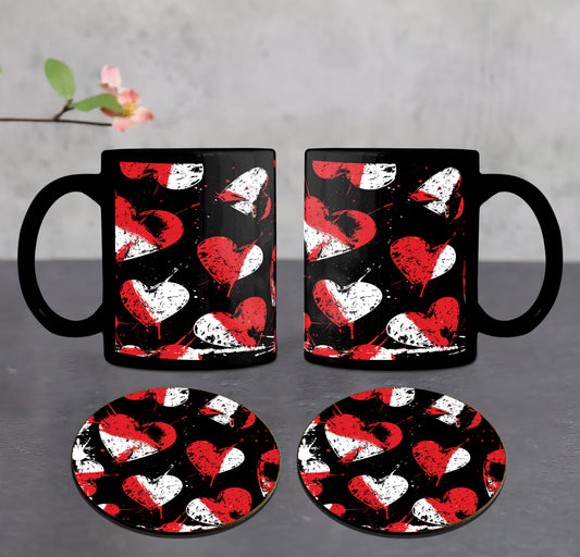 Red and White Stamped Hearts Pattern Combo Mugs and Coaster(Set of 2 Mugs and 2 coasters) 330 ml Full Black Coffee Mug