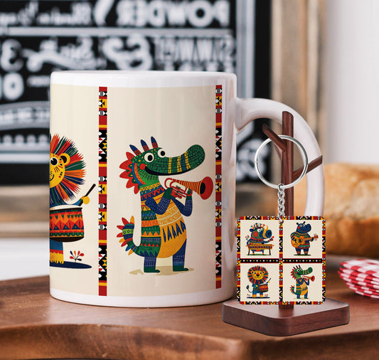 Animals Playing Instruments Pattern Printed 330 ml White Coffee Mug with Square Shape Wooden Keyring and Chain