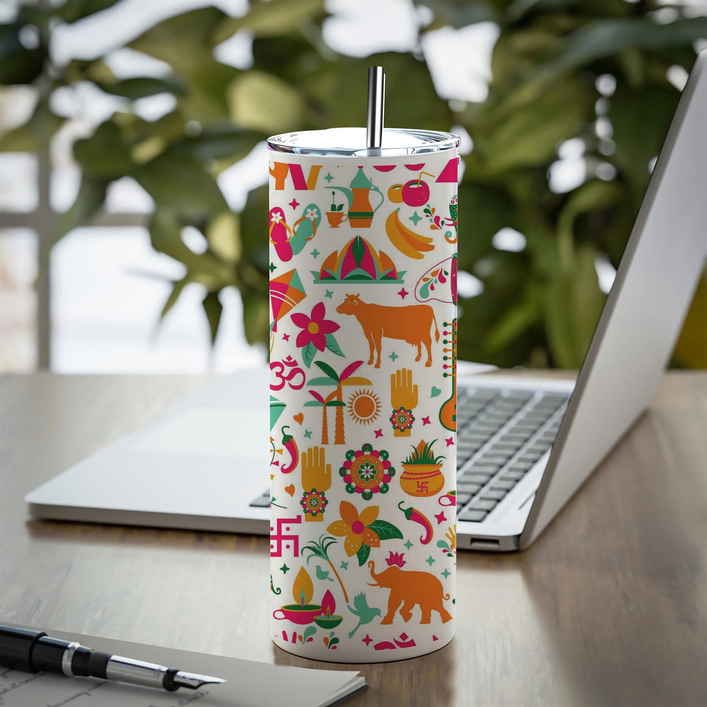 Indian architecture and Asian traditions set Pro Vector Printed 750ML with Lid Leak Proof Travel Tumbler with Straw