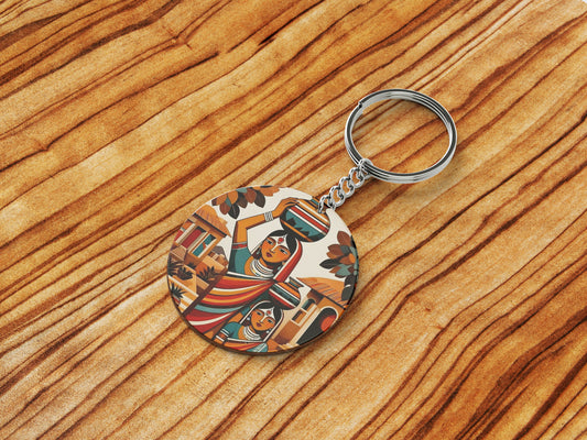 Village Woman royalty illustration Printed Round Circle Shape Wooden Keyring with Chain