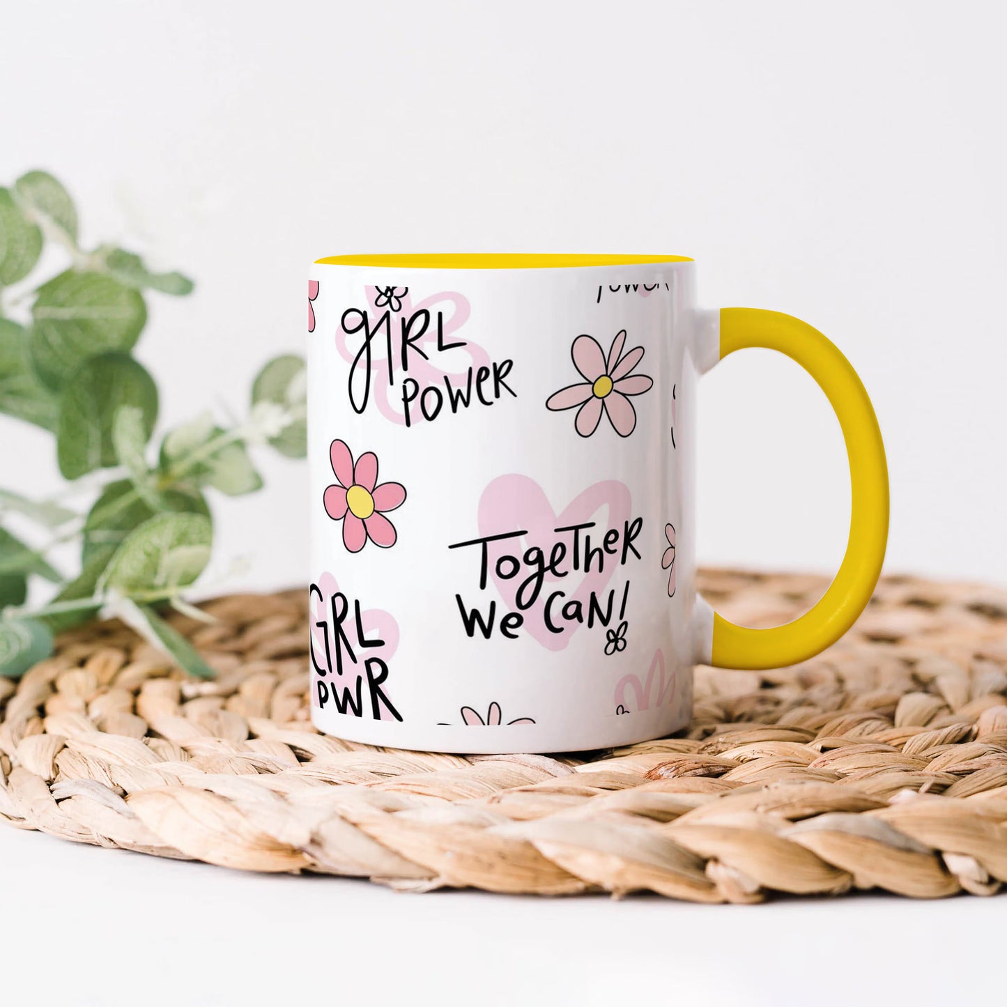 Cute pink flower and heart drawings. Seamless pattern Yellow Handle 330 ml Coffee Mug