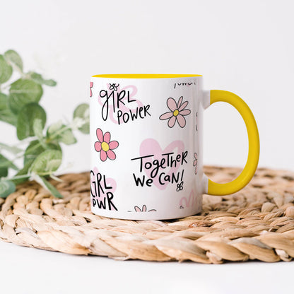 Cute pink flower and heart drawings. Seamless pattern Yellow Handle 330 ml Coffee Mug