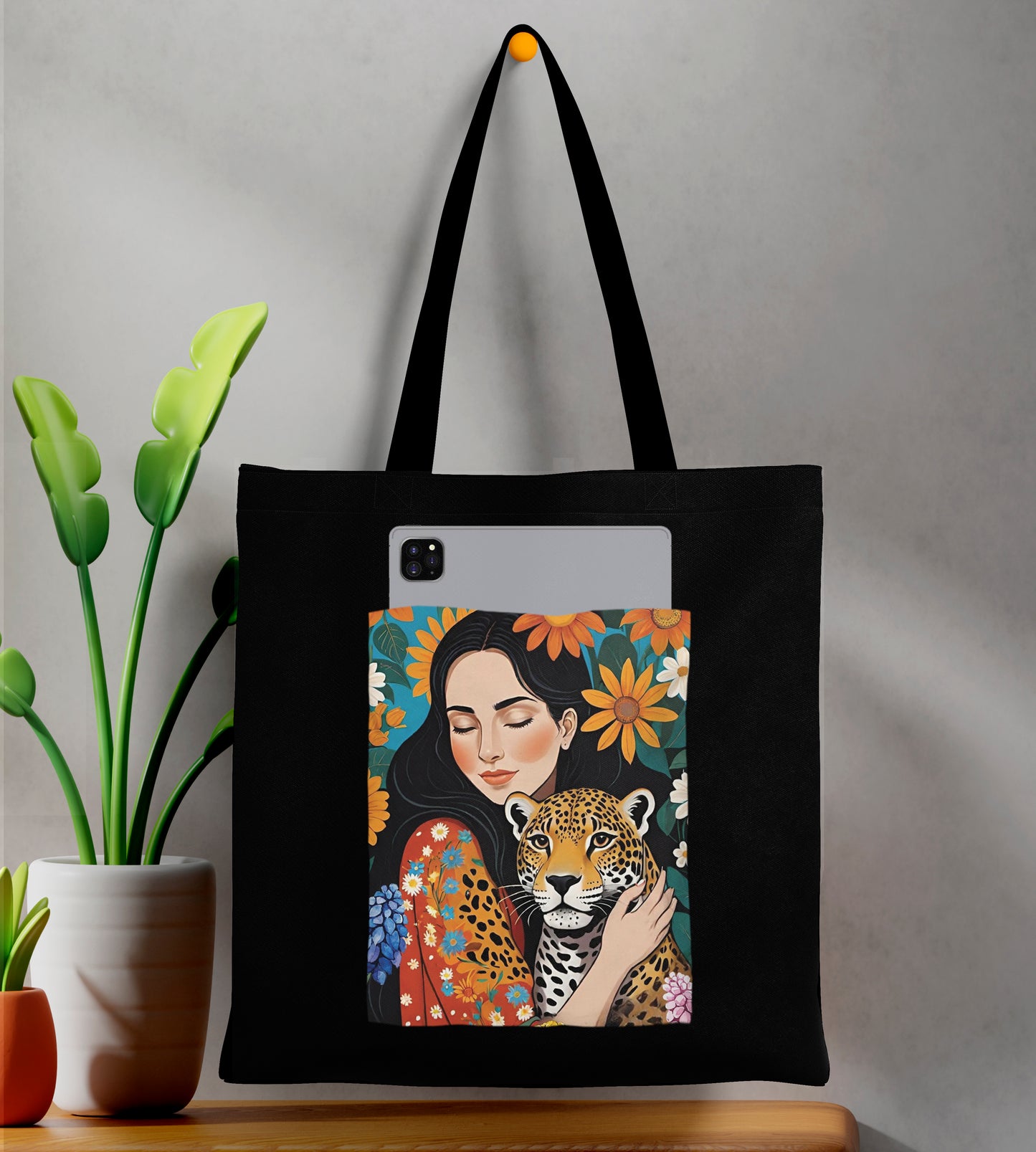 Girl With Leopard In Jungle colorful art Design Printed Black Patch With Pocket Tote Bag (14 X 16 Inches) For Shopping, College, Travel
