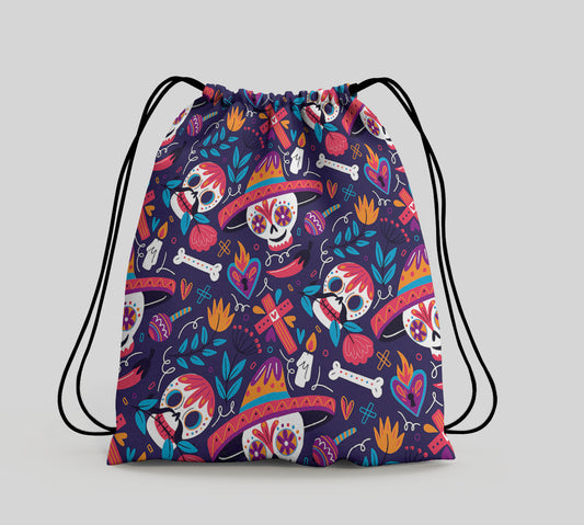 Hand Drawn Mexican Skull Pattern Polyester String Backpack Bags for kids for Gym, Yoga, Tuition ,Beach Bag for 4-10 year boys and girls