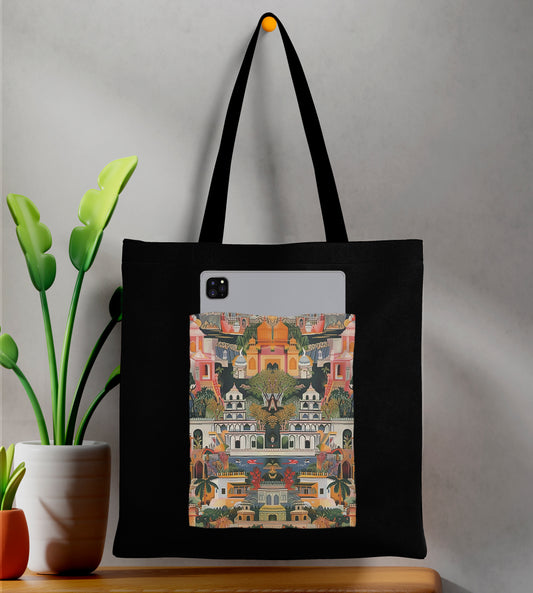 Oriental buildings and trees Design Printed Black Patch With Pocket Tote Bag (14 X 16 Inches) For Shopping, College, Travel