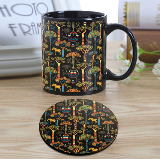 Tree and Animals African Pattern Design Full Black 330 ml Coffee Mug with Coaster
