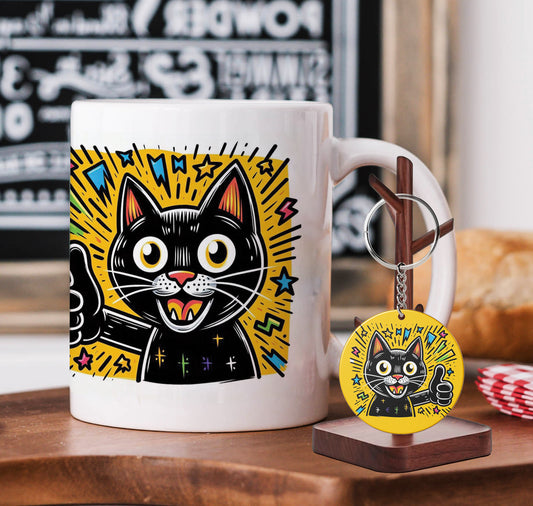 Happy Kitty Cat Mug and Keychain Combo 330 ml Coffee Mug
