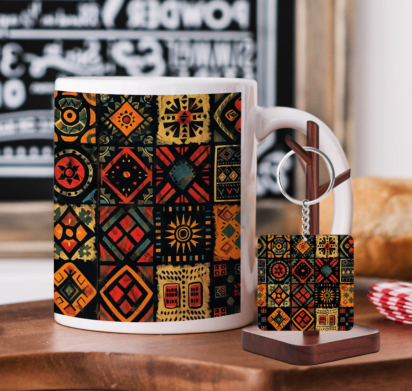 Colorful African Seamless Pattern Printed 330 ml White Coffee Mug with Square Shape Wooden Keyring and Chain