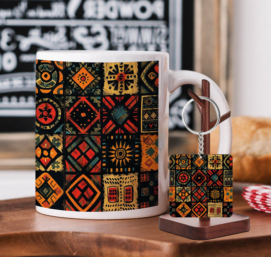 Colorful African Seamless Pattern Printed 330 ml White Coffee Mug with Square Shape Wooden Keyring and Chain
