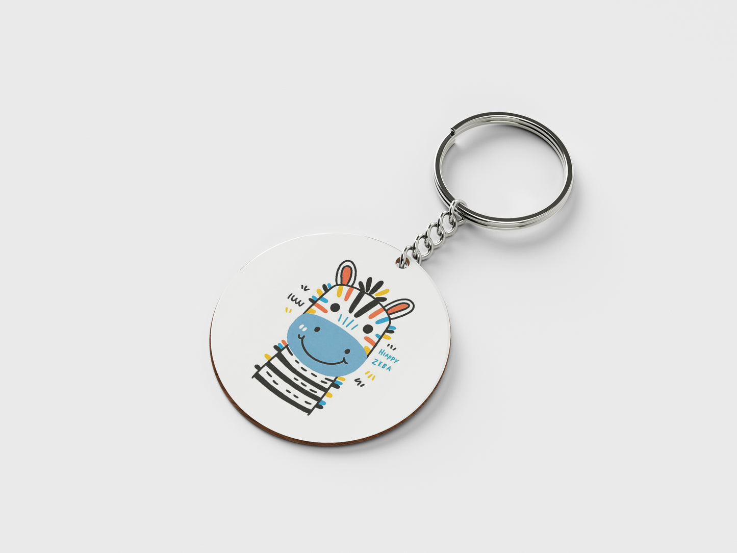 Happy Zebra Printed Circle Shape Wooden Keyring with Chain
