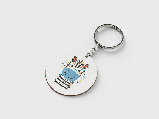 Happy Zebra Printed Circle Shape Wooden Keyring with Chain