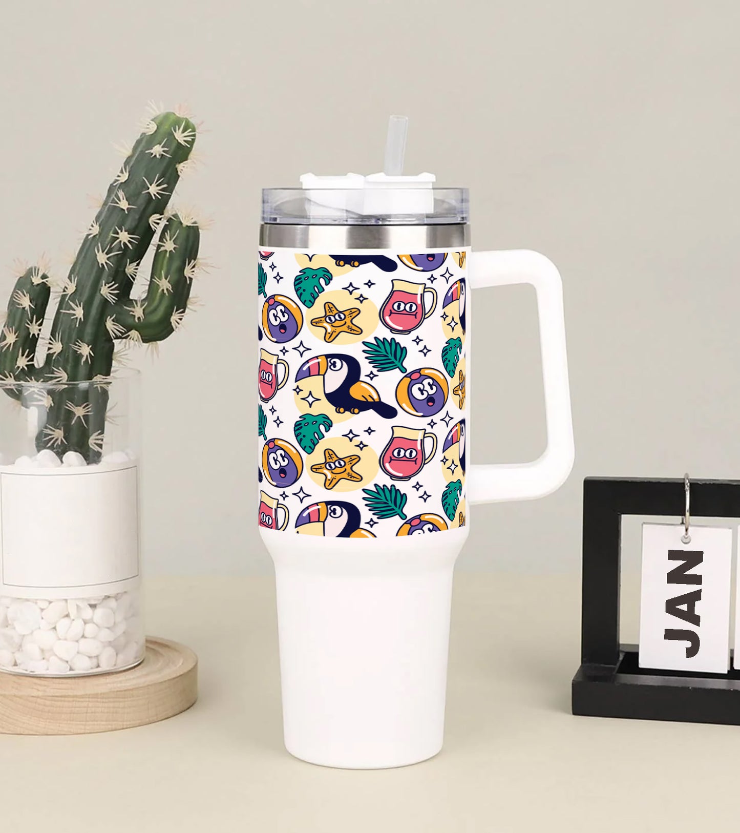 Flat summer pattern design Printed 850ML with Lid Leak Proof Big Travel Tumbler with Handle and Straw
