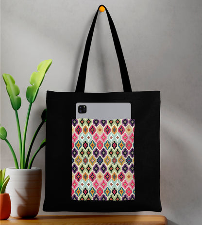 Abstract seamless pattern Design Printed Black Patch With Pocket Tote Bag (14 X 16 Inches) For Shopping, College, Travel