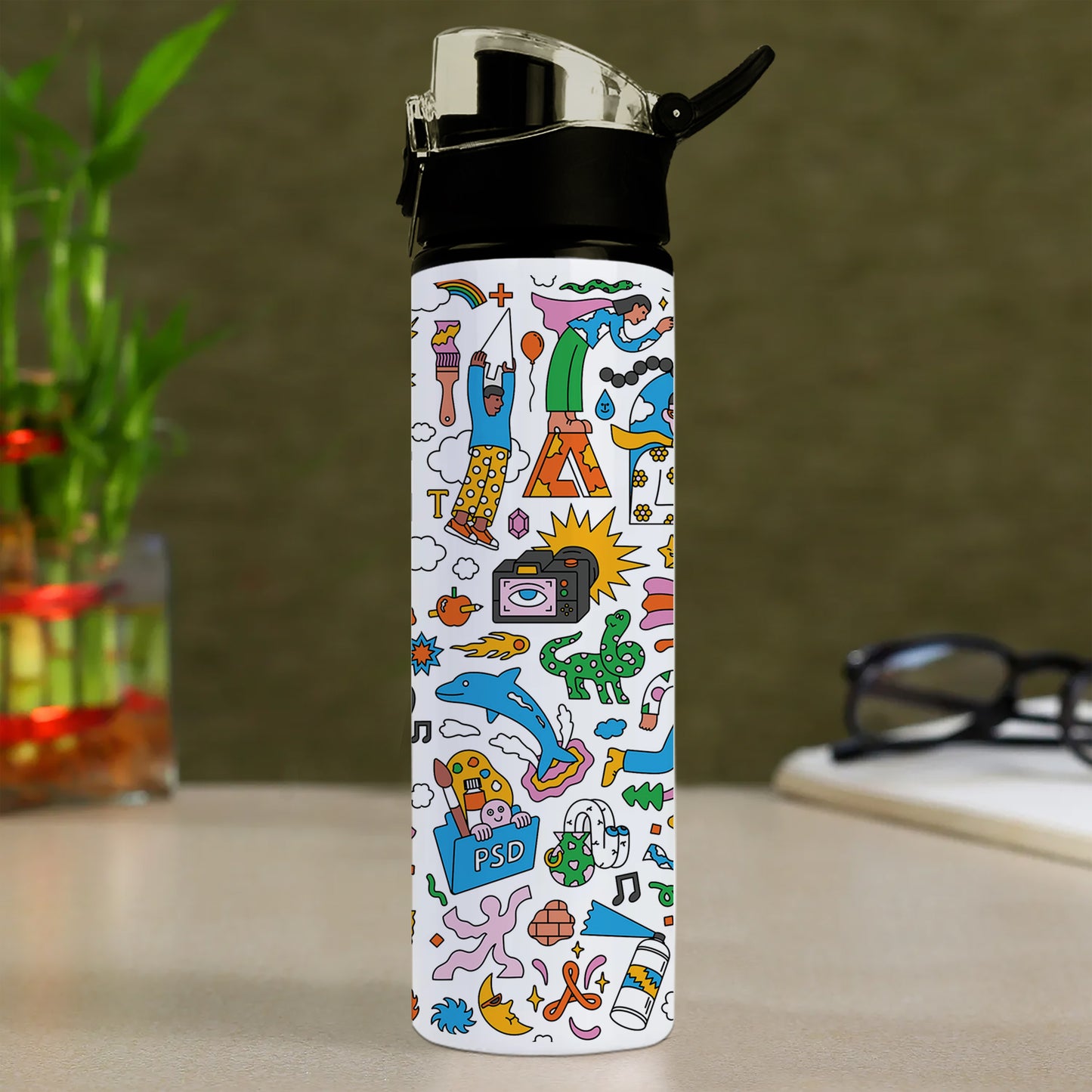 Colorful Hand drawing Doodle art Printed Flip Flop Water Bottle 750 ml For Gym, Yoga, Kids, Boys, Girls, Brother, Sister, Babies, Baby, Workout, Adults