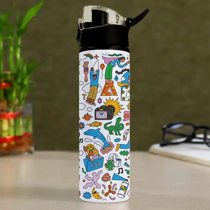 Colorful Hand drawing Doodle art Printed Flip Flop Water Bottle 750 ml For Gym, Yoga, Kids, Boys, Girls, Brother, Sister, Babies, Baby, Workout, Adults
