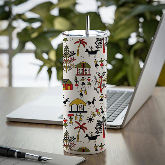 Hand drawn traditional the ancient tribal art India Printed 750ML with Lid Leak Proof Travel Tumbler with Straw