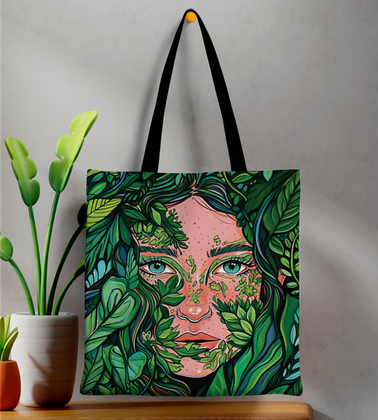 Nature and Girl Design Printed Black Handle Tote Bag (14 X 16 Inches) For Shopping, College, Travel
