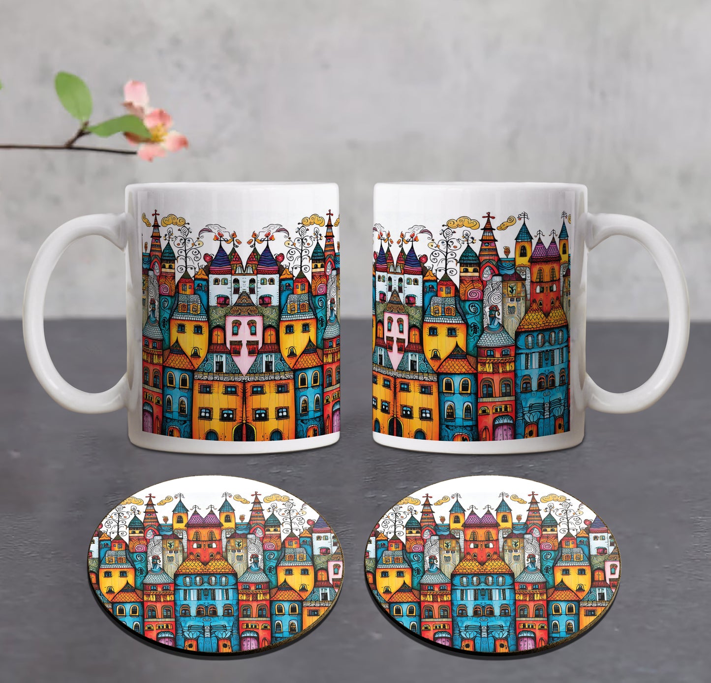 Folk art illustrator Combo Mugs and Coaster(Set of 2 Mugs and 2 coasters) 330 ml Coffee Mug