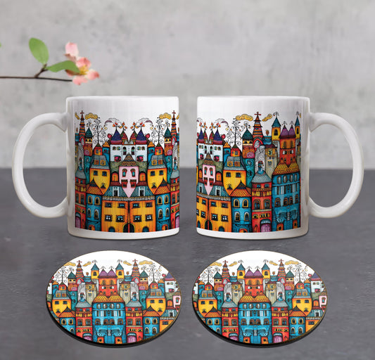 Folk art illustrator Combo Mugs and Coaster(Set of 2 Mugs and 2 coasters) 330 ml Coffee Mug