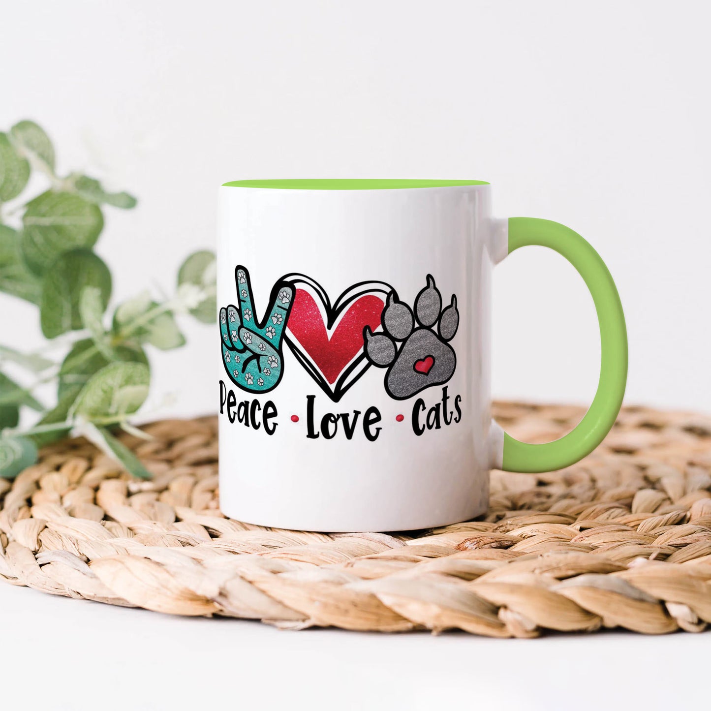 Peace Love cats design Light Green Handle 330 ml Coffee Mug