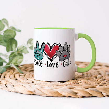 Peace Love cats design Light Green Handle 330 ml Coffee Mug