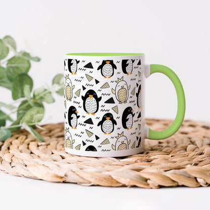 Hand drawn penguin doodle pattern Light Green Handle 330 ml Coffee Mug