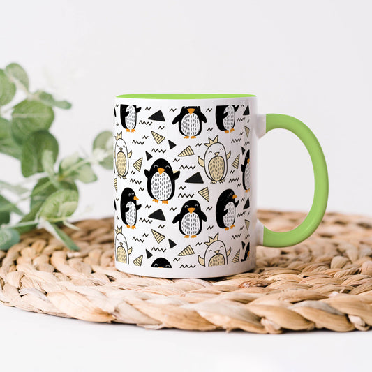Hand drawn penguin doodle pattern Light Green Handle 330 ml Coffee Mug