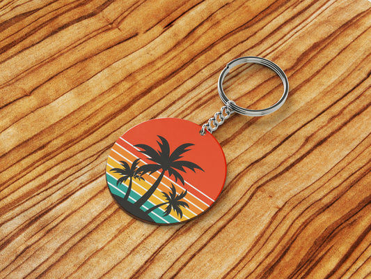 Sunset palm tree vintage vector illustration Printed Round Circle Shape Wooden Keyring with Chain