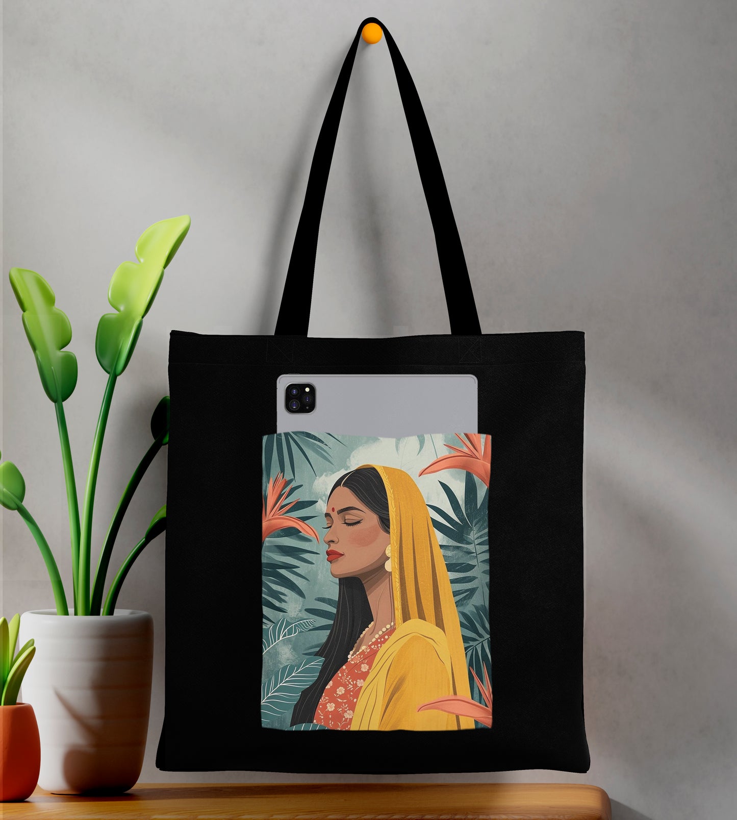 Beautiful Indian women wearing yellow saree Design Printed Black Patch With Pocket Tote Bag (14 X 16 Inches) For Shopping, College, Travel