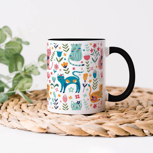 Vector seamless pattern with flowers and cats Cute Flower Cats in cartoon style  330 ml Coffee Mug