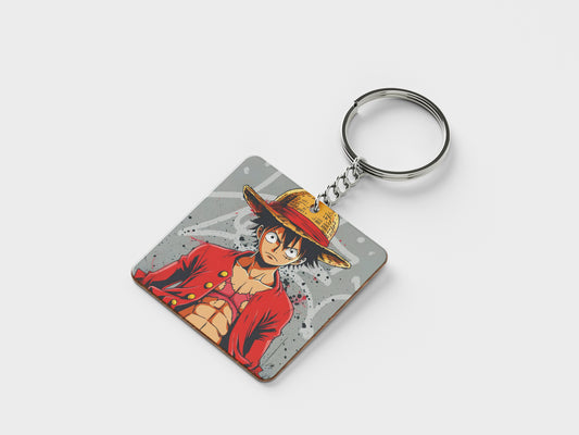 Tableau One Piece - Luffy Portrait - Décoration Murale Design Printed Square Shape Wooden Keyring with Chain