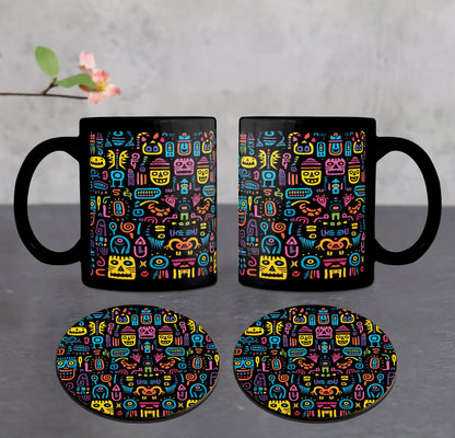 Colorful Objects Combo Mugs and Coaster(Set of 2 Mugs and 2 coasters) 330 ml Full Black Coffee Mug