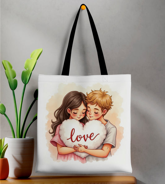 Cute Couple Vector Art Design Printed Black Handle Tote Bag (14 X 16 Inches) For Shopping, College, Travel