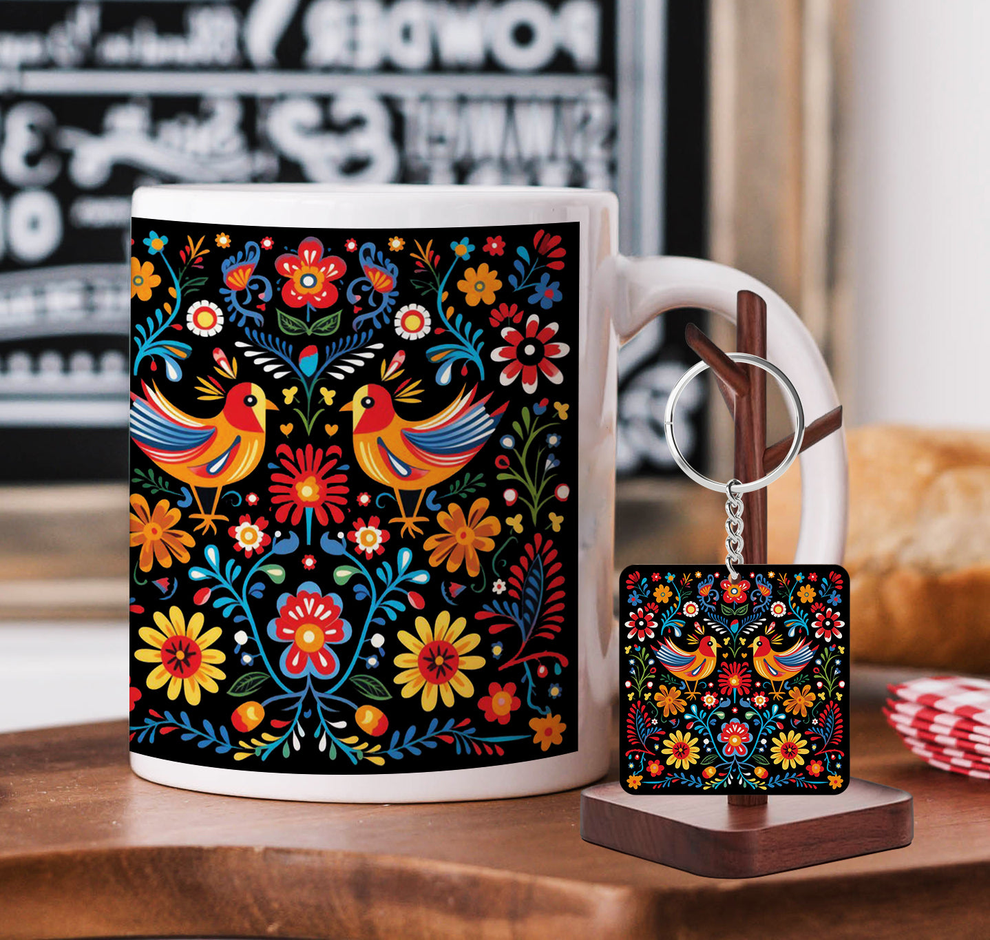 Mexican Folk Art Patterns Printed 330 ml White Coffee Mug with Square Shape Wooden Keyring and Chain