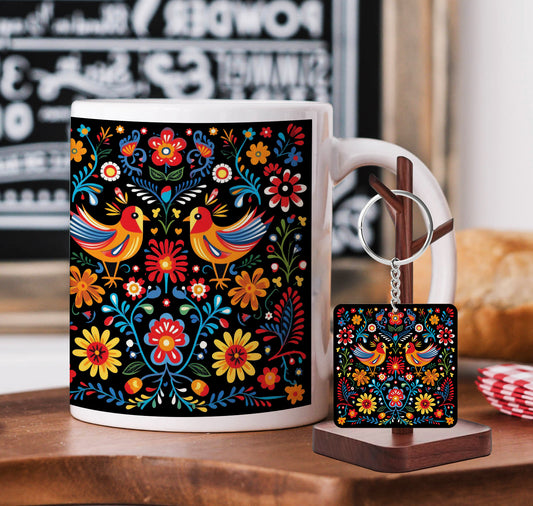 Mexican Folk Art Patterns Printed 330 ml White Coffee Mug with Square Shape Wooden Keyring and Chain