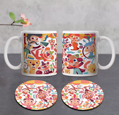 Colorful hand drawn Circus illustration Combo Mugs and Coaster(Set of 2 Mugs and 2 coasters) 330 ml Coffee Mug
