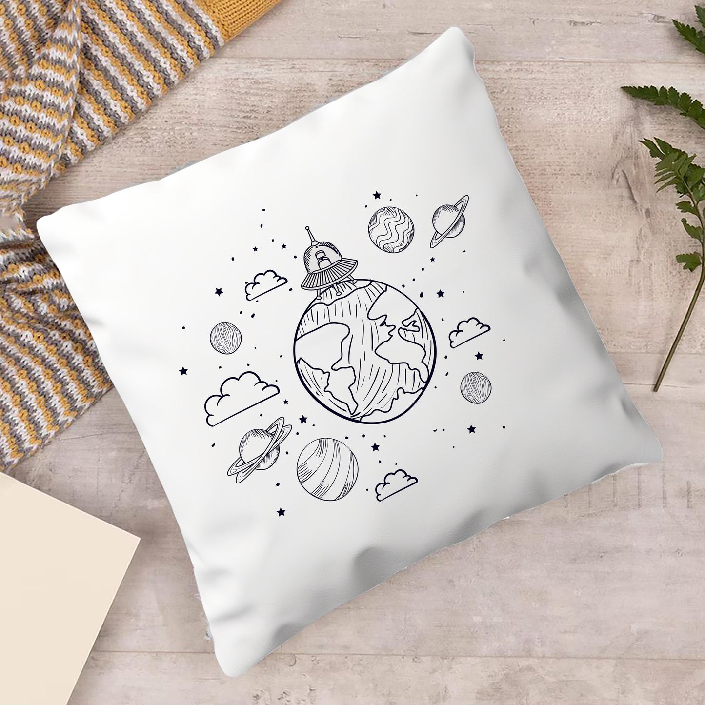 UFO and Planet Design Cushion (12x12 inches) Pack of 1