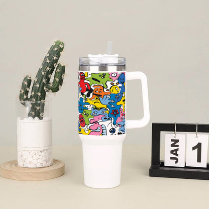 Hand drawn doodle pattern abstract design Printed 850ML with Lid Leak Proof  Big Travel Tumbler with Handle and Straw