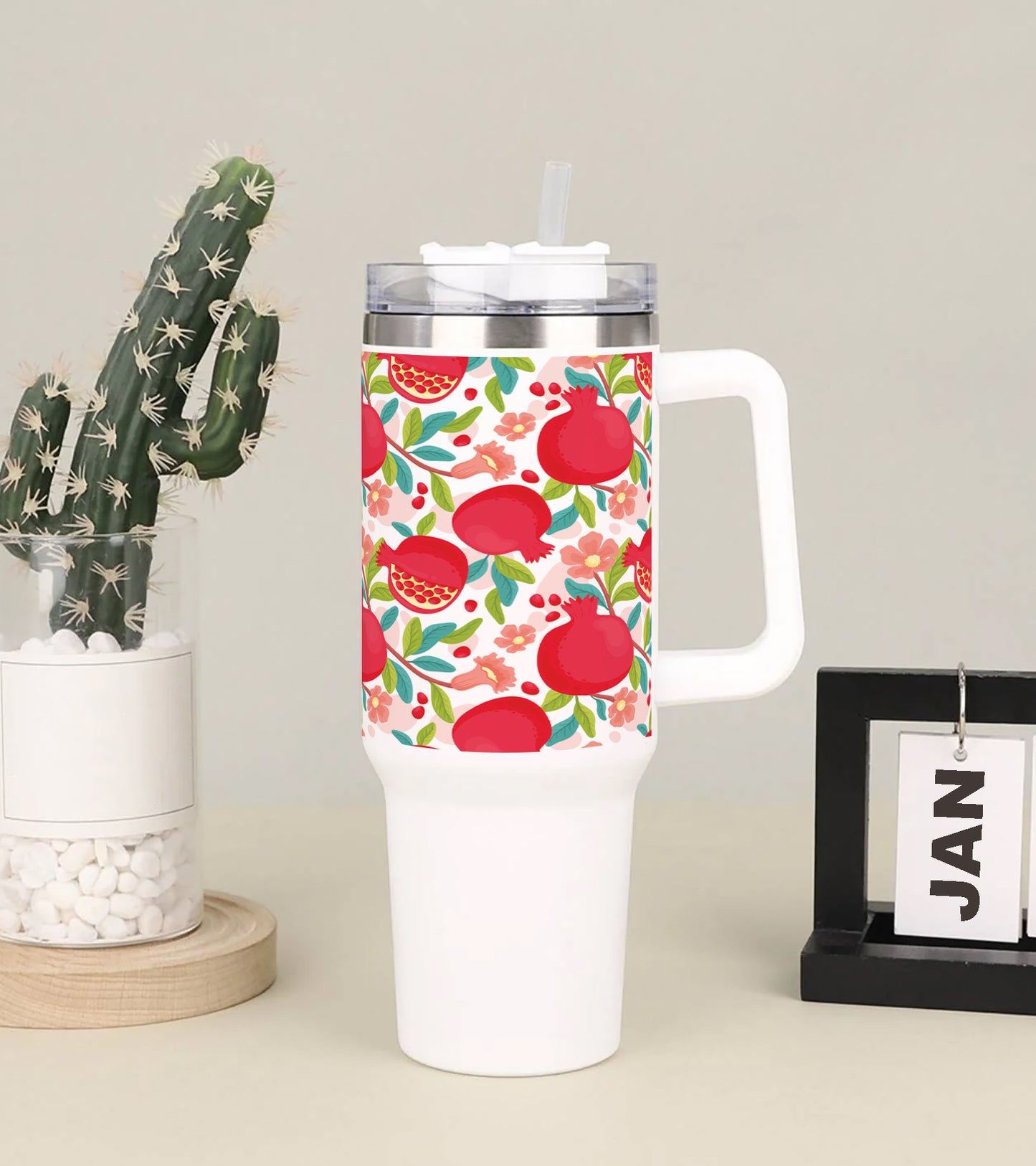 Hand drawn fruit and floral design pattern Printed 850ML with Lid Leak Proof Big Travel Tumbler with Handle and Straw