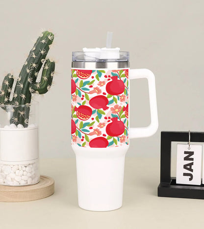 Hand drawn fruit and floral design pattern Printed 850ML with Lid Leak Proof Big Travel Tumbler with Handle and Straw