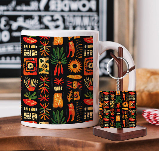 African Tribal Pattern Printed 330 ml White Coffee Mug with Square Shape Wooden Keyring and Chain