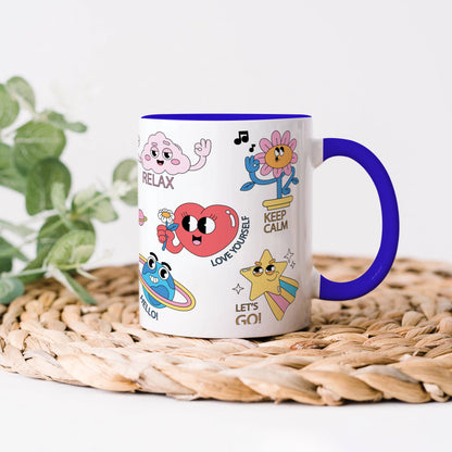 Hand drawn trendy cartoon badges design Dark Blue Handle 330 ml Coffee Mug