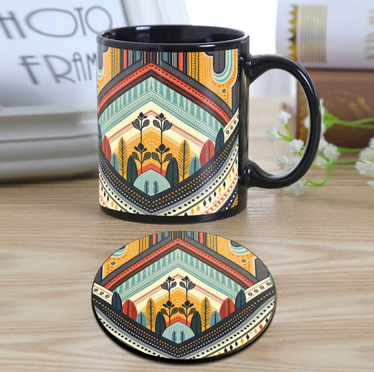 Boho Art Design Full Black 330 ml Coffee Mug with Coaster