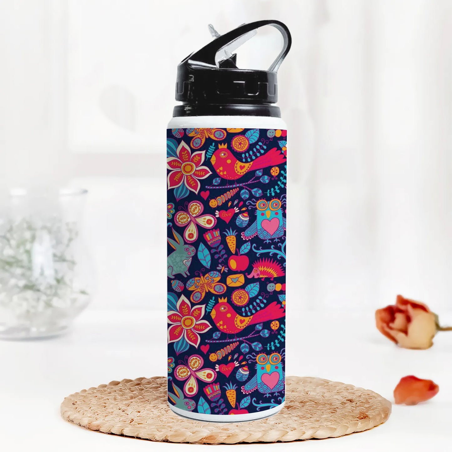 Owl, rabbit, butterfly, hedgehog Forest seamless pattern Printed Black Nozzle Water Bottle 750 ml For Gym, Yoga, Kids, Boys, Girls, Brother, Sister, Babies, Baby, Workout, Adults