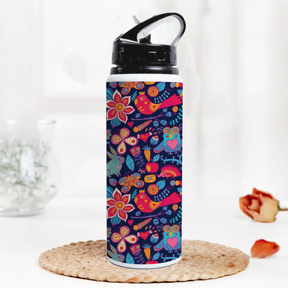 Owl, rabbit, butterfly, hedgehog Forest seamless pattern Printed Black Nozzle Water Bottle 750 ml For Gym, Yoga, Kids, Boys, Girls, Brother, Sister, Babies, Baby, Workout, Adults