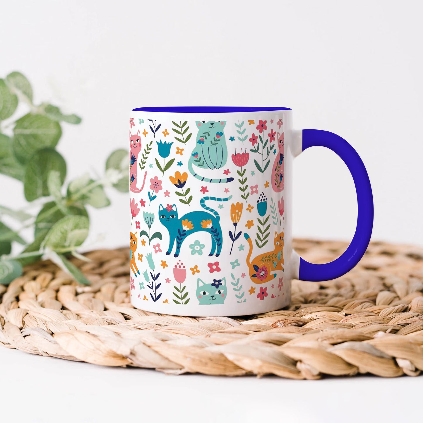 Vector seamless pattern with flowers and Cute Flower Cats  Dark Blue Handle 330 ml Coffee Mug