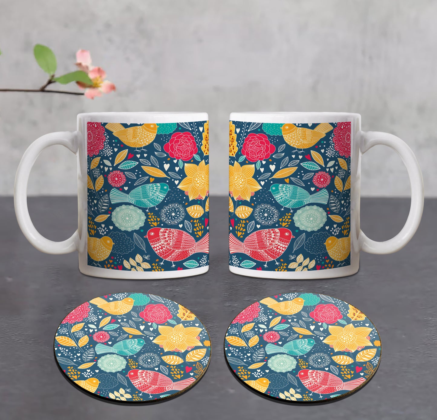 Birds and floral Seamless pattern Combo Mugs and Coaster(Set of 2 Mugs and 2 coasters) 330 ml Coffee Mug